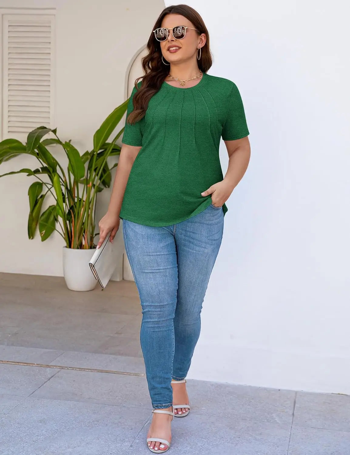 Blusas femininas casuais com gola redonda e mangas curtas plissadas