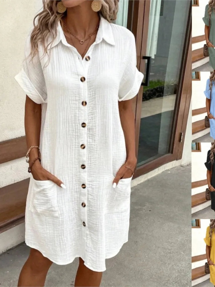 Vestido feminino de verão 2025, nova moda simples e sexy, com decote em V, botão único, mangas curtas e bolsos.