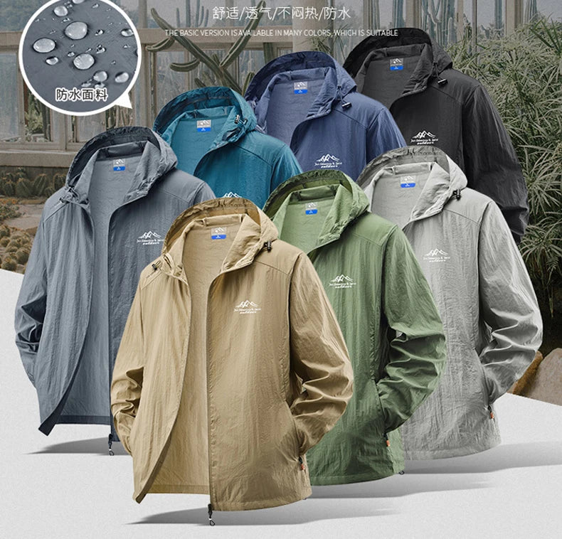 Jaquetas de verão à prova d'água para homens, ideais para caminhadas, pesca, ciclismo e ginásio. Casaco com capuz, esportes ao ar livre e proteção solar, jaqueta fina e leve.