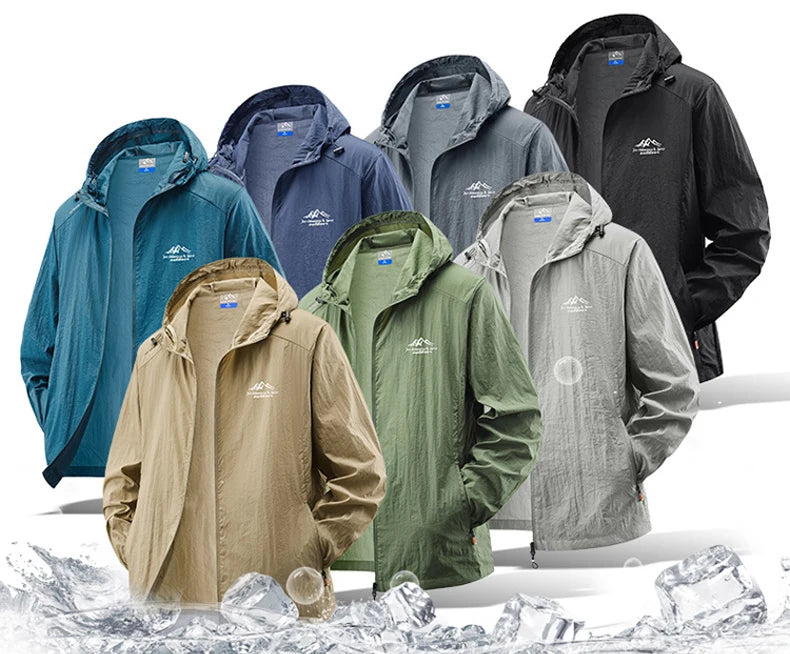 Jaquetas de verão à prova d'água para homens, ideais para caminhadas, pesca, ciclismo e ginásio. Casaco com capuz, esportes ao ar livre e proteção solar, jaqueta fina e leve.