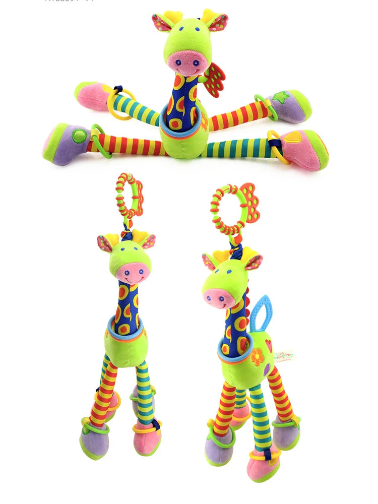 Girafa e zebra de pelúcia macias com sinos e chocalhos, ideal para o desenvolvimento do bebê. Brinquedo com mordedor, perfeito para presentear recém-nascidos.