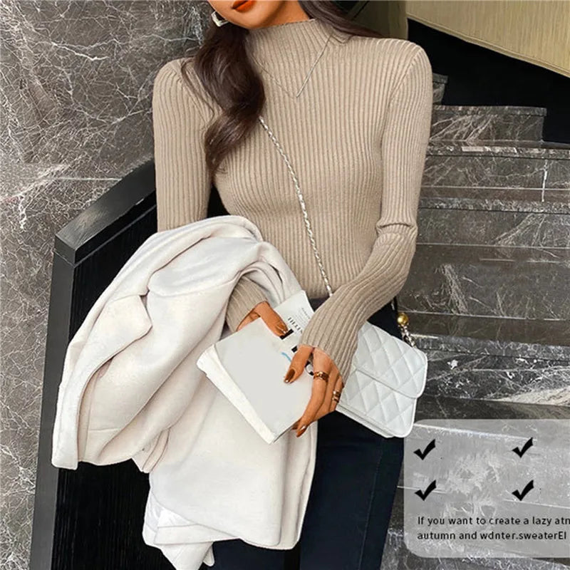 Blusa feminina de manga longa com gola alta, estilo Harajuku. Pulôver de malha fina, ajuste magro e elástico, básico e sólido, perfeito para compor looks simples.