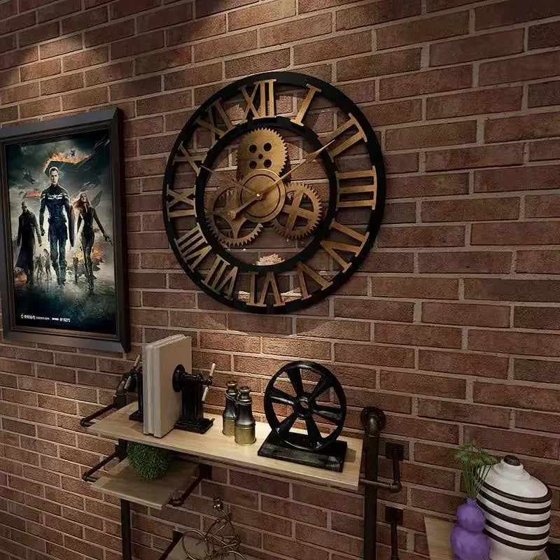 Relógio de Parede 3D Estilo Industrial Retro em Madeira Decoração para casa, sala de estar, escritório e barra. Arte decorativa para parede. Horologe.