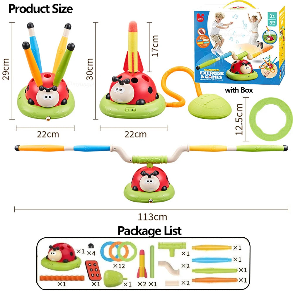 Brinquedo 3 em 1 Esportivo e Interativo – Joaninha Musical com Jogo de Arremesso de Anel, Pulo Divertido e Lançador de Foguetes