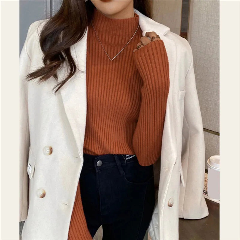 Blusa feminina de manga longa com gola alta, estilo Harajuku. Pulôver de malha fina, ajuste magro e elástico, básico e sólido, perfeito para compor looks simples.