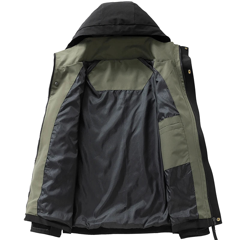 Jaqueta impermeável masculina para atividades ao ar livre, tipo softshell, com zíper e capuz. Ideal para caminhadas e acampamentos, é leve e perfeita para a primavera e outono.