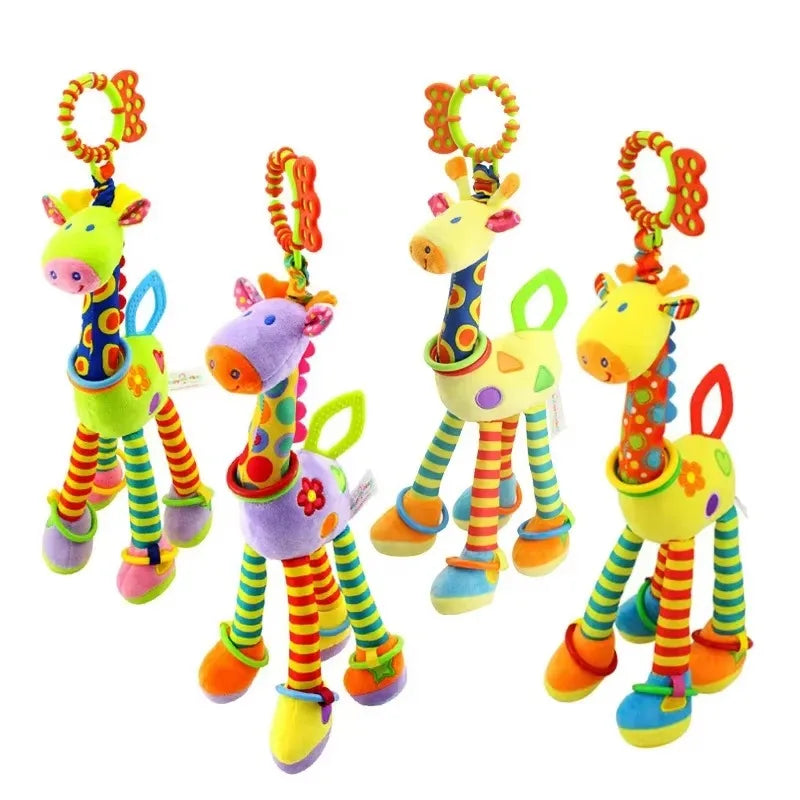 Girafa e zebra de pelúcia macias com sinos e chocalhos, ideal para o desenvolvimento do bebê. Brinquedo com mordedor, perfeito para presentear recém-nascidos.