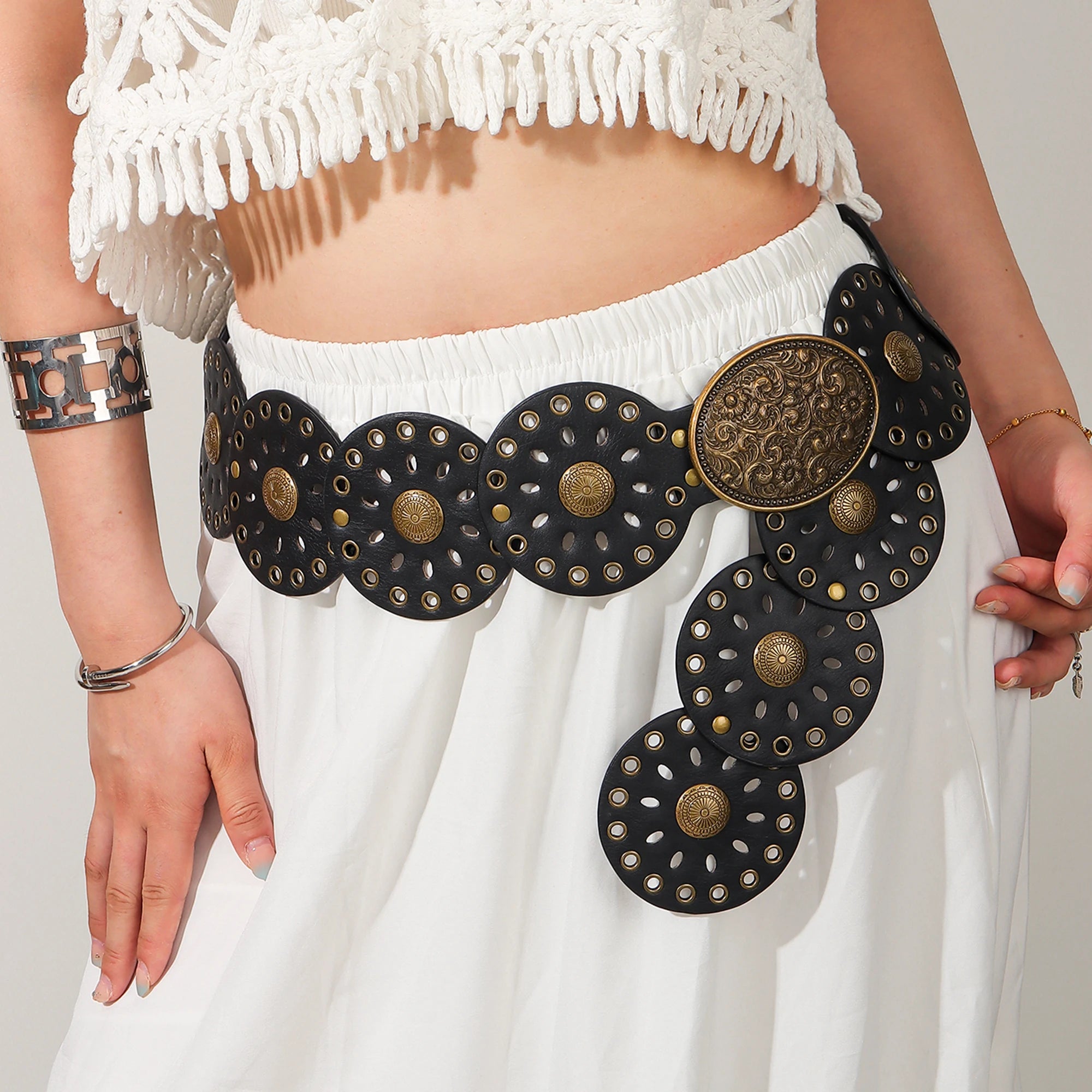 Novo rebite peça redonda cinto estilo étnico para mulheres vintage com saia ca