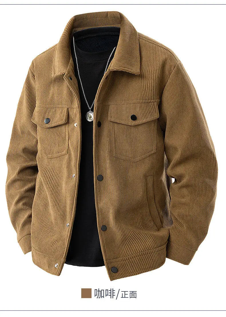 Jaqueta de lapela de veludo masculina para primavera e outono, nova marca retro americana, solta e bonita, com múltiplos bolsos.