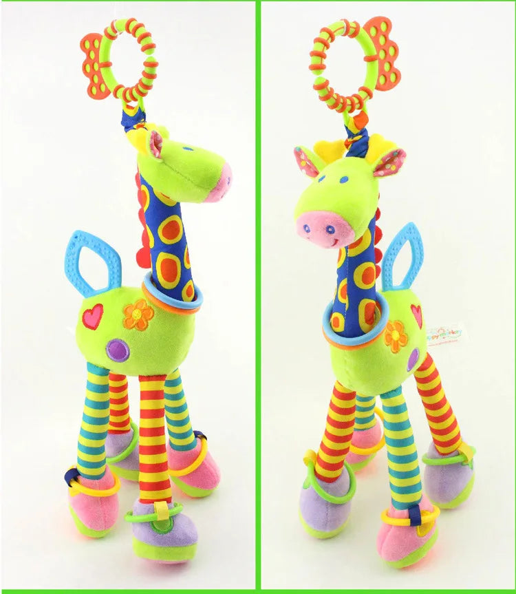 Girafa e zebra de pelúcia macias com sinos e chocalhos, ideal para o desenvolvimento do bebê. Brinquedo com mordedor, perfeito para presentear recém-nascidos.