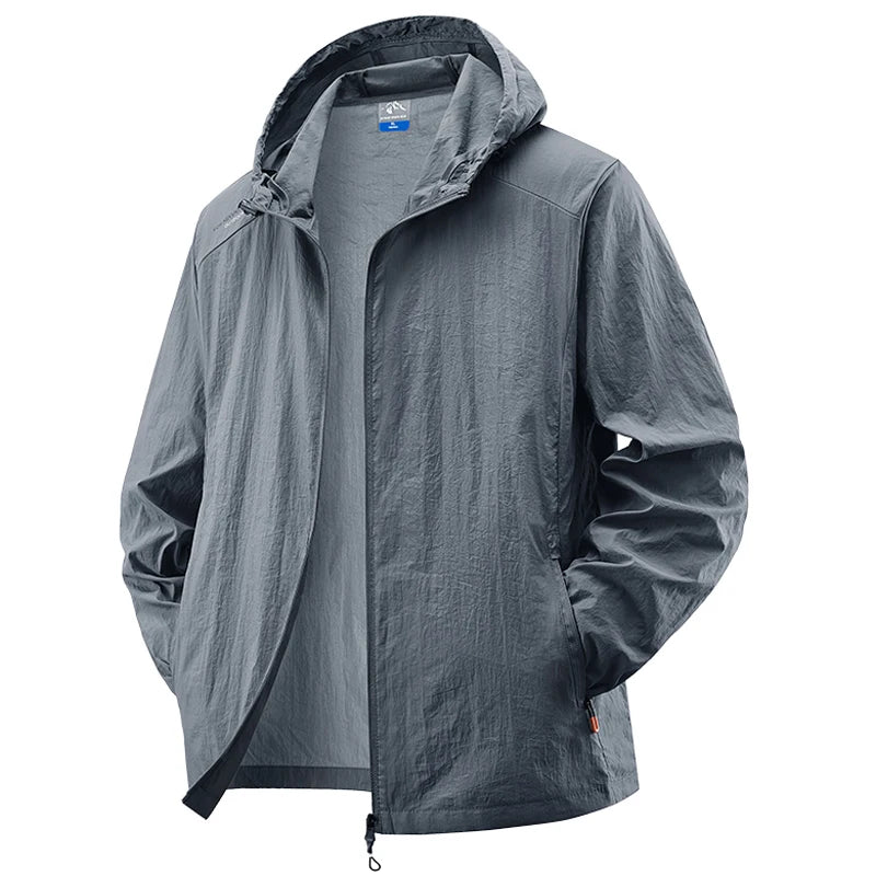 Jaqueta masculina à prova d'água para o verão, ideal para caminhadas, pesca e ciclismo. Com capuz, leve e com proteção solar.