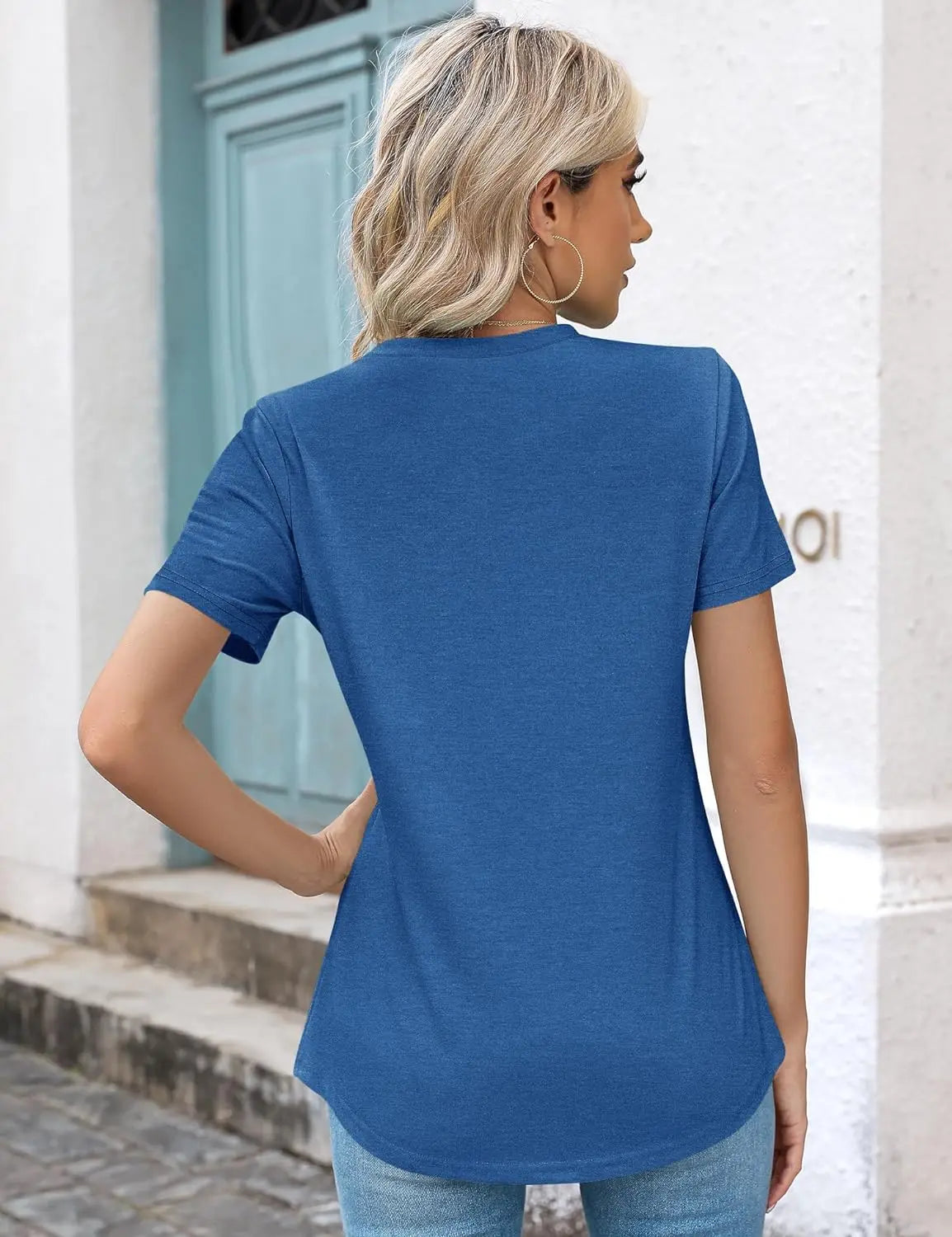 Blusas femininas casuais com gola redonda e mangas curtas plissadas