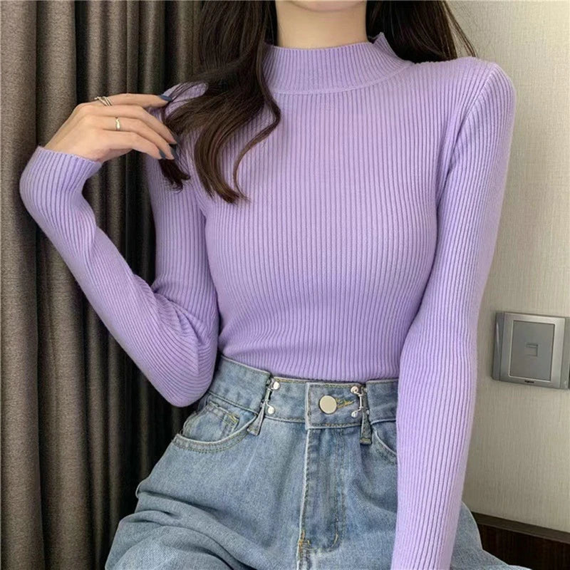 Blusa feminina de manga longa com gola alta, estilo Harajuku. Pulôver de malha fina, ajuste magro e elástico, básico e sólido, perfeito para compor looks simples.