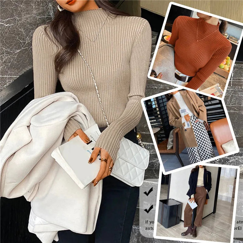 Blusa feminina de manga longa com gola alta, estilo Harajuku. Pulôver de malha fina, ajuste magro e elástico, básico e sólido, perfeito para compor looks simples.