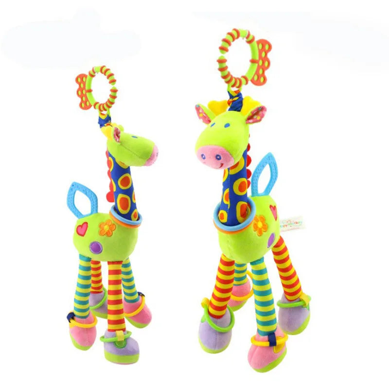 Girafa e zebra de pelúcia macias com sinos e chocalhos, ideal para o desenvolvimento do bebê. Brinquedo com mordedor, perfeito para presentear recém-nascidos.