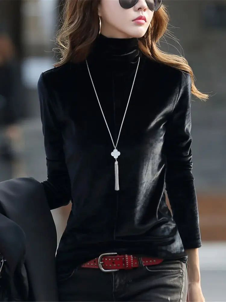 Blusa de Gola Alta Feminina – Tamanhos 3XL e 4XL, Veludo Grosso e Quente para o Inverno!