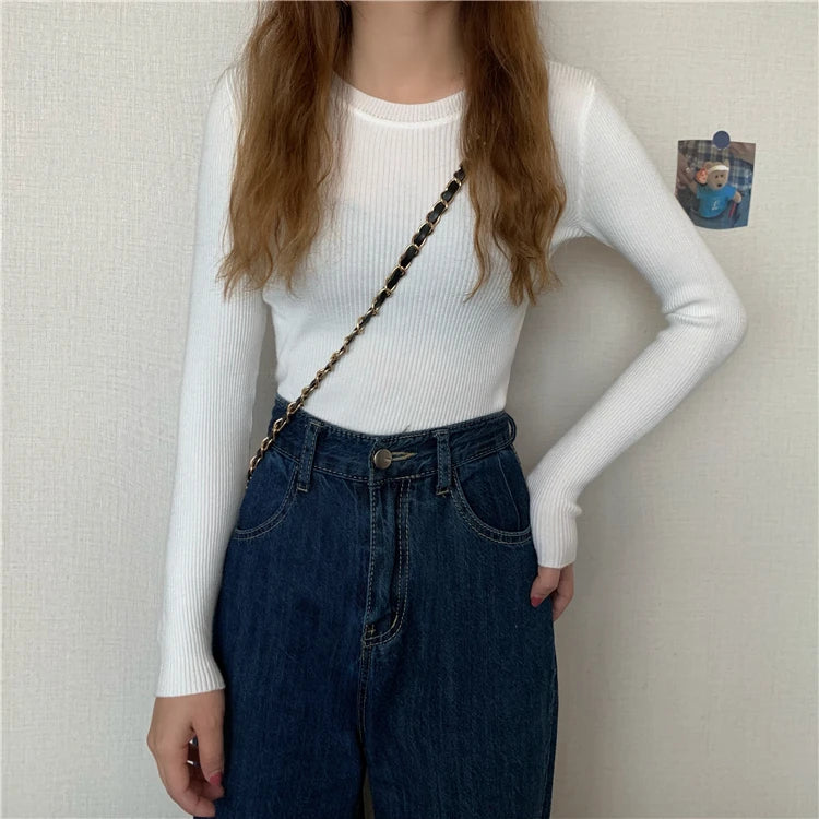 Nova blusa feminina 2025 para outono e inverno, manga longa, pulôver básico com pescoço elástico e estilo sólido em malha jumper.