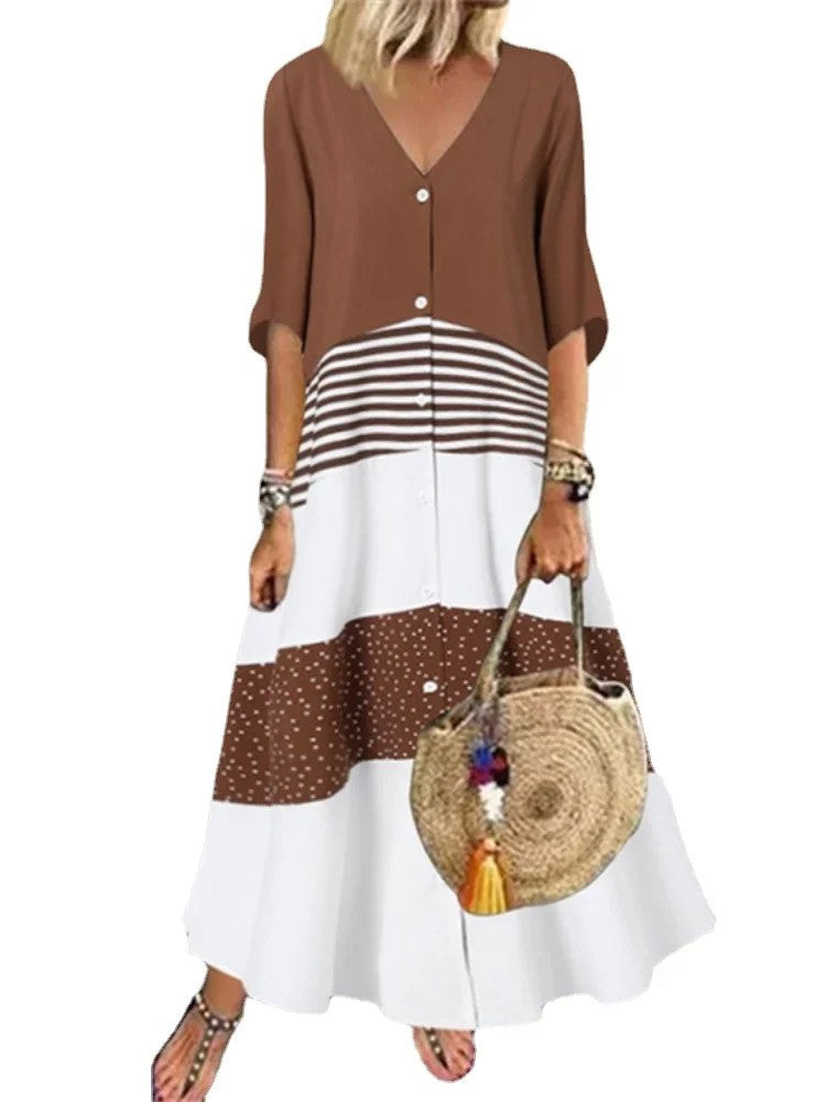 Vestido primavera – elegante, colorido, decote em V, manga 7/4, estilo casual para férias, com estampa exclusiva!