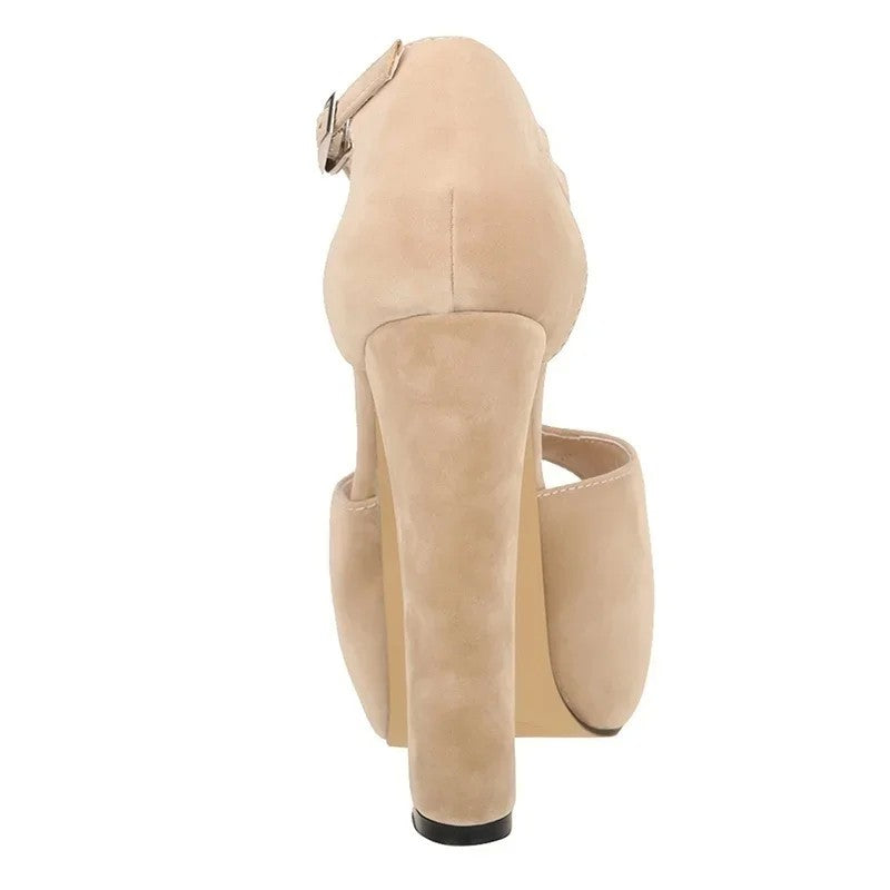 Sandálias femininas verão 2025 — salto alto grosso de 14 cm, modelo peep toe, com plataforma, fivela ajustável e estilo sexy. Ideal para festas, vestidos elegantes e casamentos.