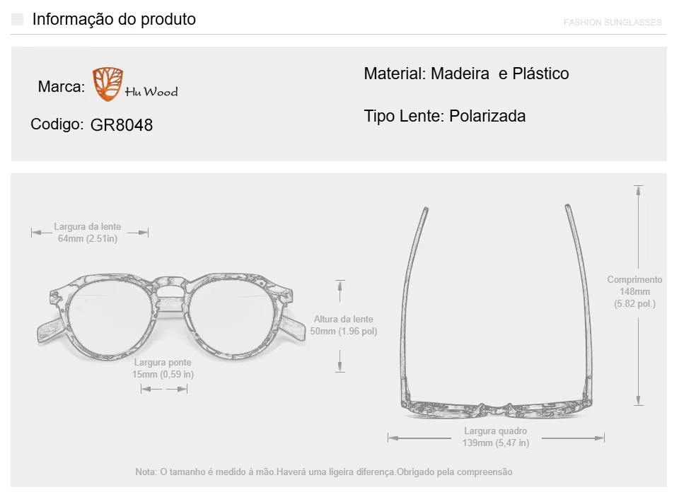 Óculos de sol de madeira masculino, polarizados, da marca Hu. Estilo vintage e luxuoso.
