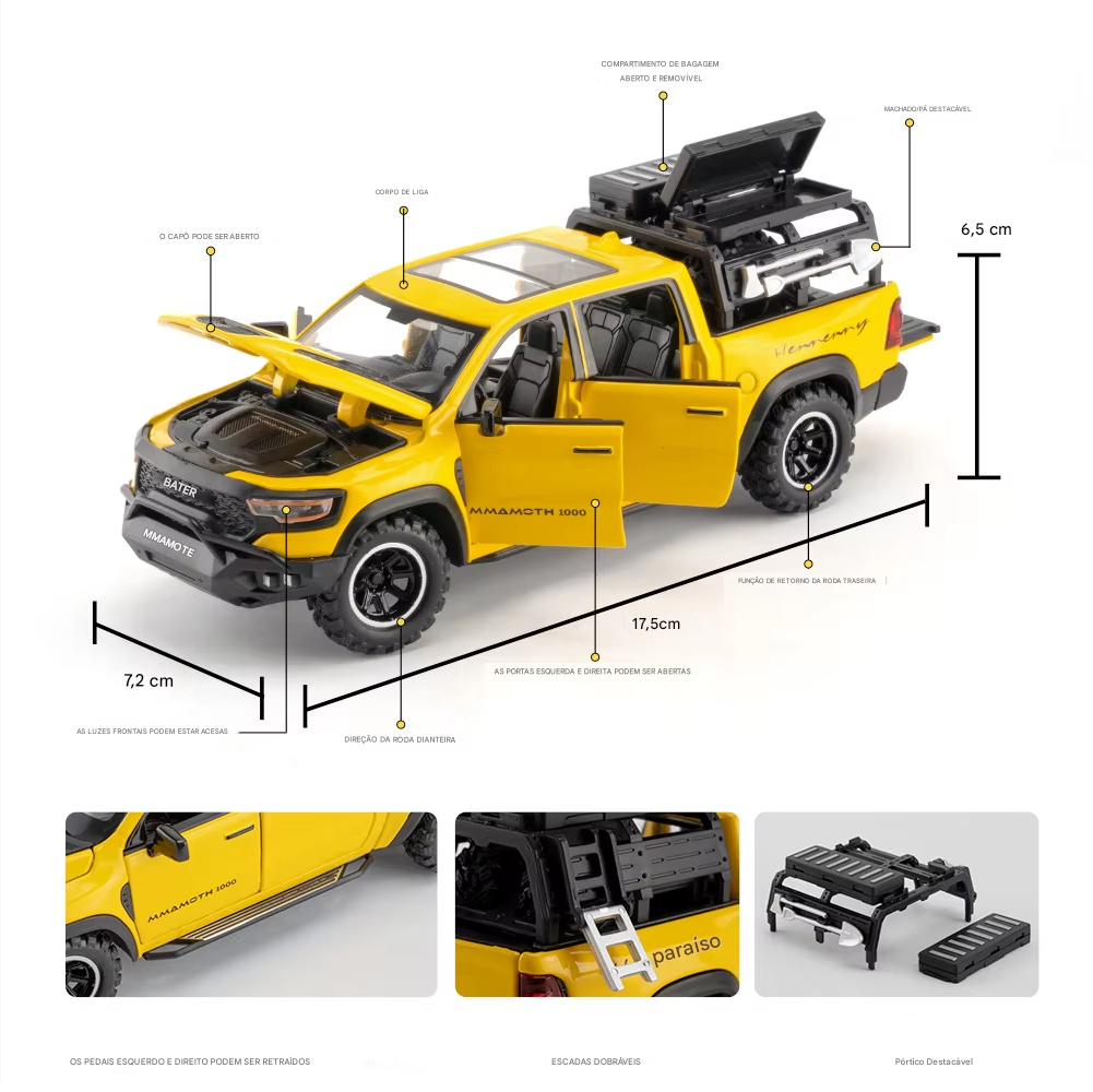 Dodge Ram 1000 TRX Mamute 1:32 - Pickup com Som, Luz e Movimento Para Trás - Brinquedo Colecionável para Crianças, Presente Ideal de Aniversário!