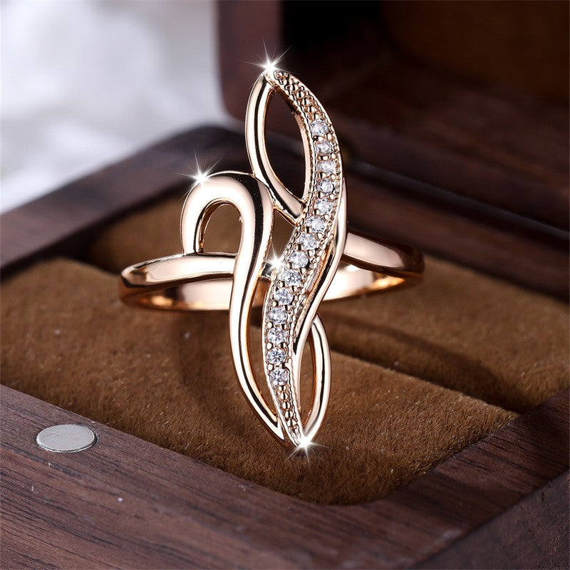 Anel Infinito Exclusivo para Mulheres, com Design de Folhas Geométricas de Árvore, Aliança de Casamento em Champanhe Dourado com Zircônia Branca – Anel de Coquetel Ideal para Festas.