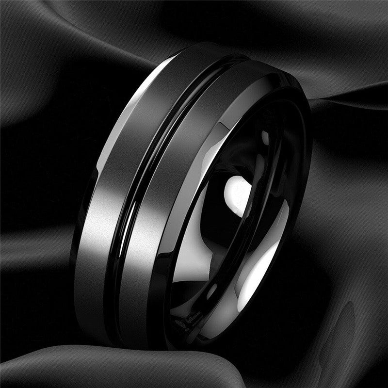Anel Masculino 8mm em Aço Inoxidável, Ranhura Preta Fosca — Joia Ideal para Casamento, Noivado, Festa ou Presente de Aniversário.