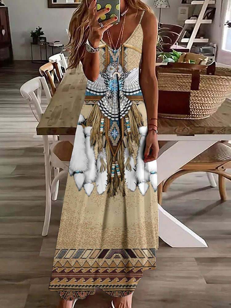 Vestido longo feminino com estampa de coruja indiana, sem mangas, decote V, casual e estiloso para o verão.
