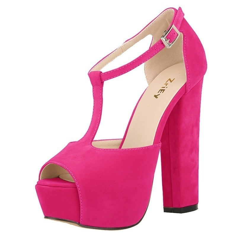 Sandálias femininas verão 2025 — salto alto grosso de 14 cm, modelo peep toe, com plataforma, fivela ajustável e estilo sexy. Ideal para festas, vestidos elegantes e casamentos.