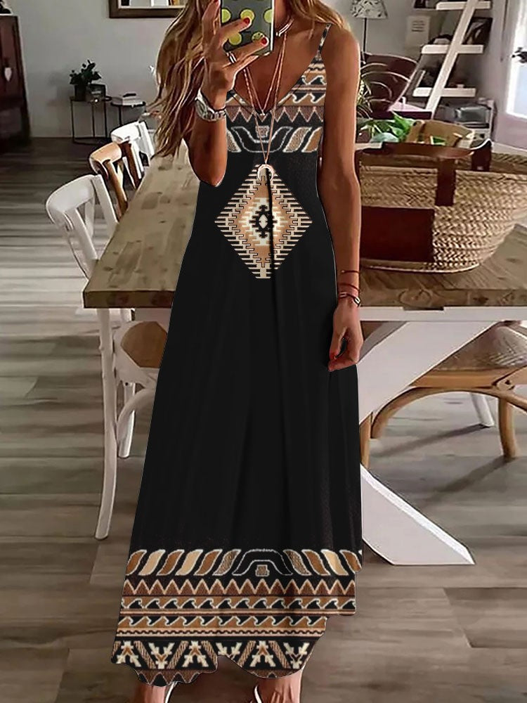 Vestido longo feminino com estampa de coruja indiana, sem mangas, decote V, casual e estiloso para o verão.