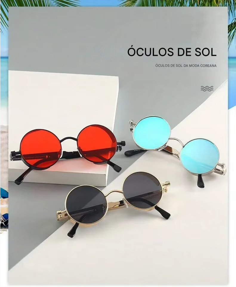 Óculos de sol Steampunk clássicos unissex. Óculos de sol retrô redondos com armação de metal.