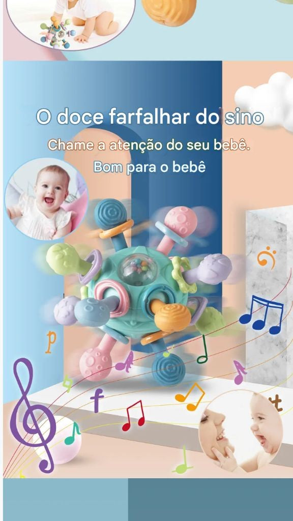 Brinquedo sensorial para bebês 0–12 meses – bola giratória, chocalho, mordedor de silicone e atividade de desenvolvimento.