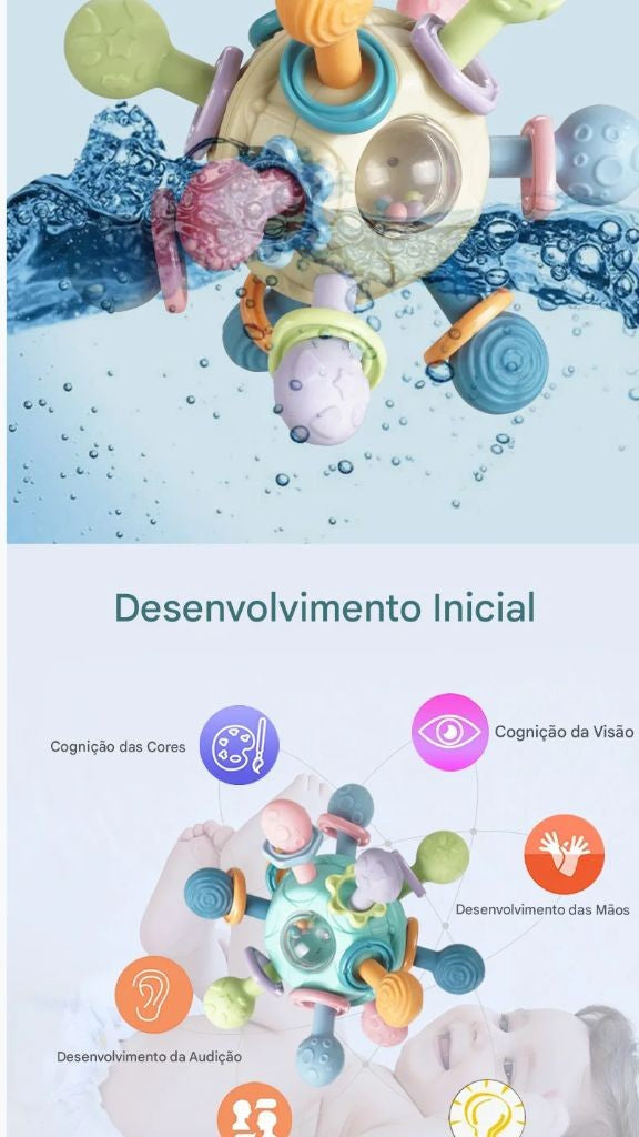 Brinquedo sensorial para bebês 0–12 meses – bola giratória, chocalho, mordedor de silicone e atividade de desenvolvimento.