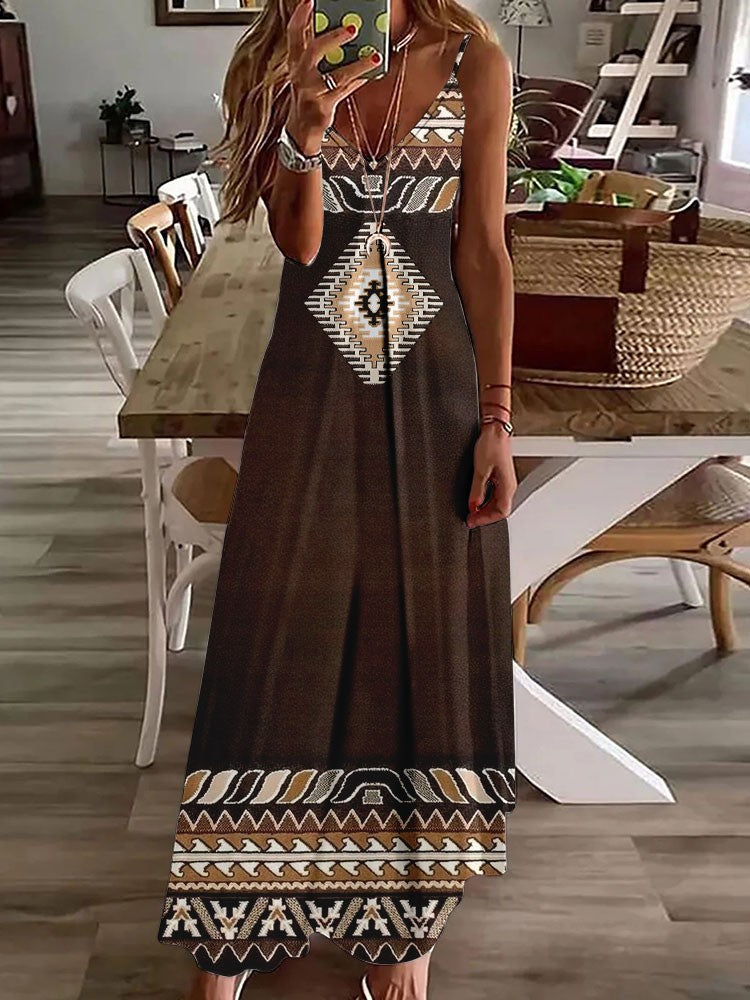 Vestido longo feminino com estampa de coruja indiana, sem mangas, decote V, casual e estiloso para o verão.