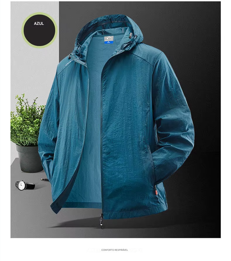 Jaqueta masculina à prova d'água para o verão, ideal para caminhadas, pesca e ciclismo. Com capuz, leve e com proteção solar.