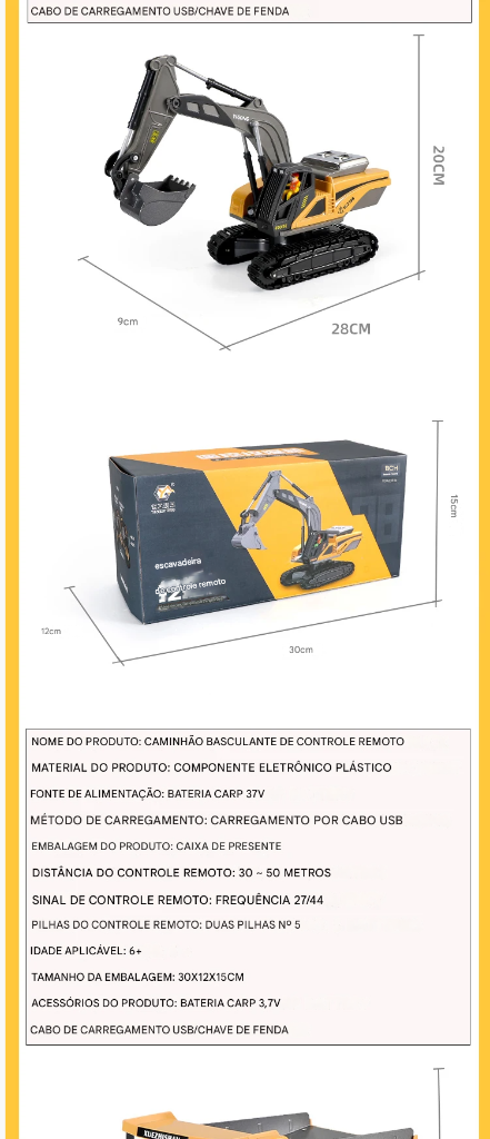 Caminhão Basculante Escavadeira RC 2.4G – Veículo de Engenharia com Controle Remoto