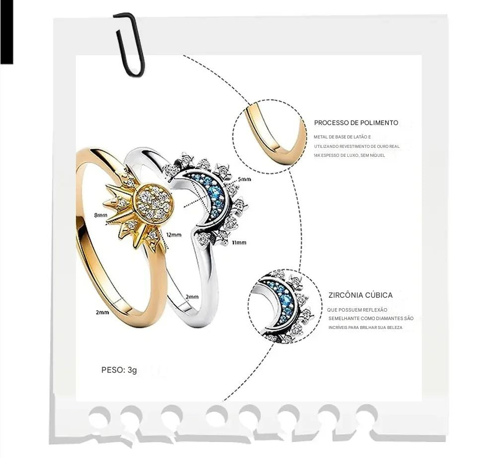 Anel Casal Sol e Lua em Prata 925, com céu azul espumante e zircônia cúbica, joias finas de promessa, perfeito para presente de Dia dos Namorados.
