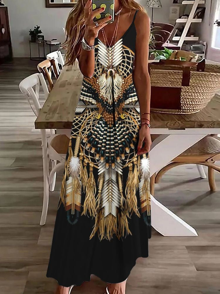 Vestido longo feminino com estampa de coruja indiana, sem mangas, decote V, casual e estiloso para o verão.