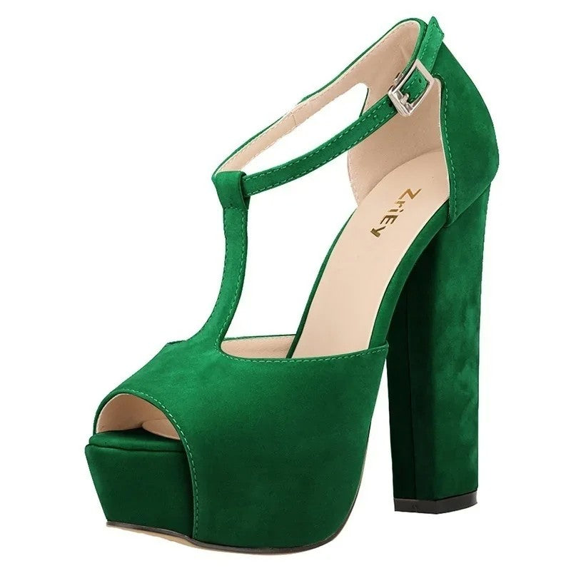 Sandálias femininas verão 2025 — salto alto grosso de 14 cm, modelo peep toe, com plataforma, fivela ajustável e estilo sexy. Ideal para festas, vestidos elegantes e casamentos.