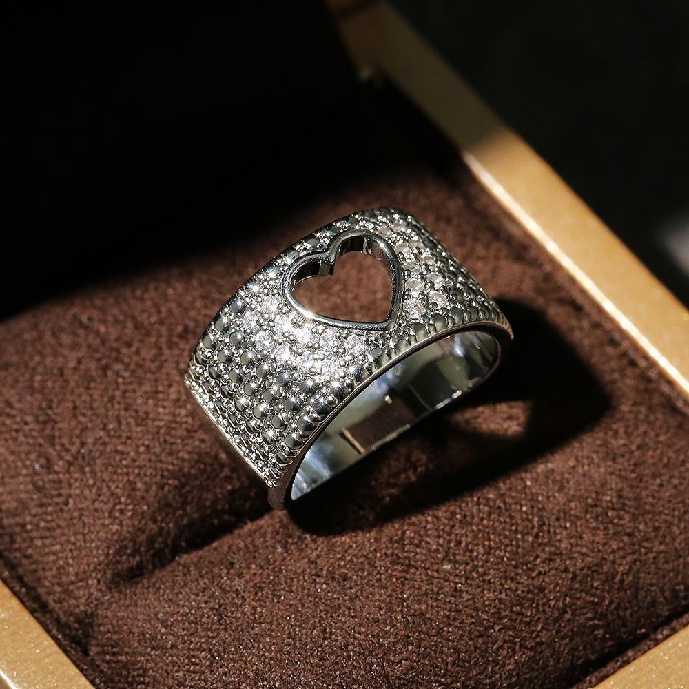 Huitan – Anel de Dedo com Design Vazado em Coração, Cristal Brilhante e Zircônia Cúbica, Joia Feminina para Festa ou Casamento.