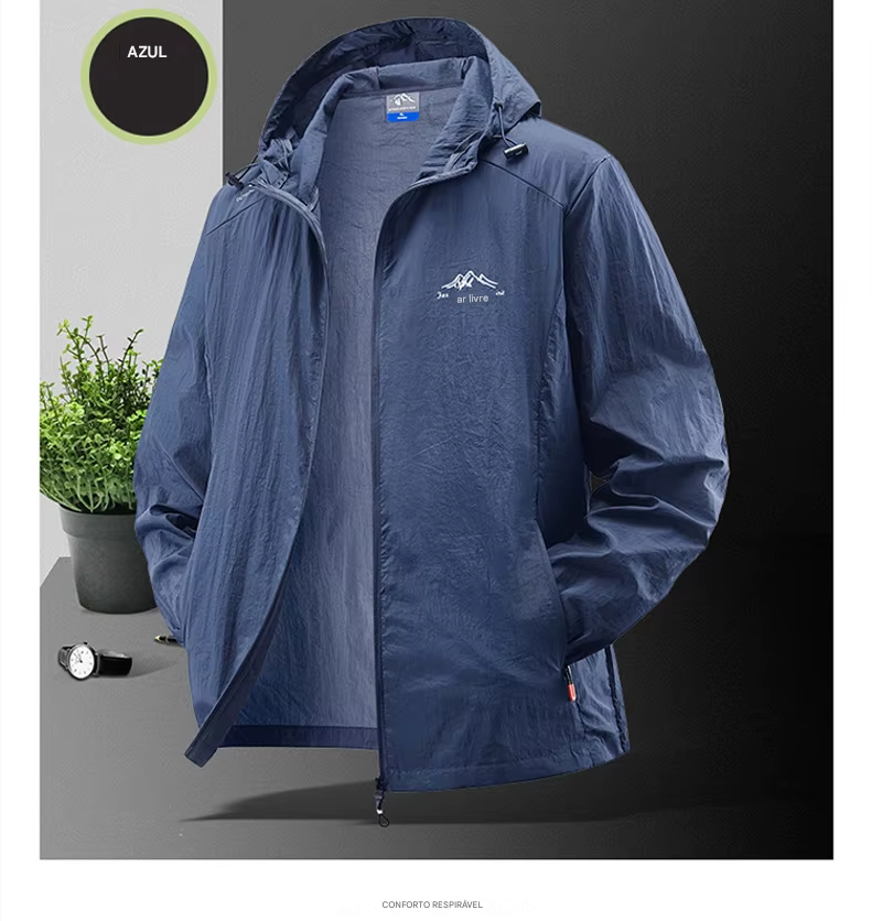 Jaquetas de verão à prova d'água para homens, ideais para caminhadas, pesca, ciclismo e ginásio. Casaco com capuz, esportes ao ar livre e proteção solar, jaqueta fina e leve.