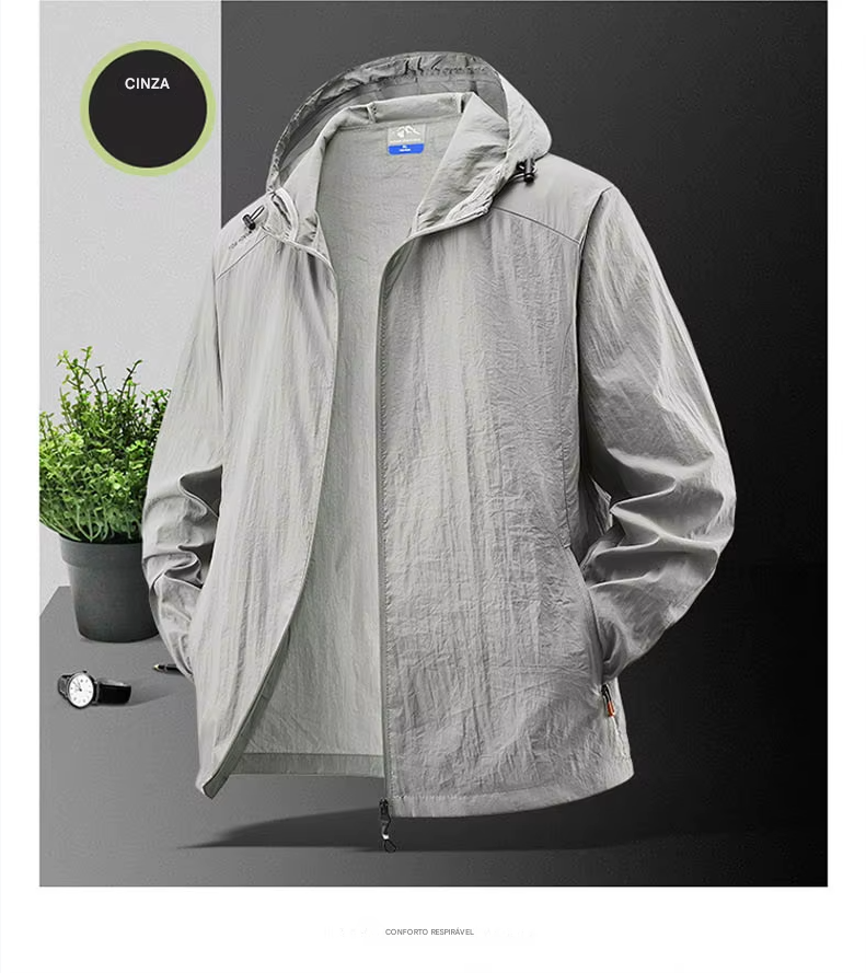 Jaqueta masculina à prova d'água para o verão, ideal para caminhadas, pesca e ciclismo. Com capuz, leve e com proteção solar.
