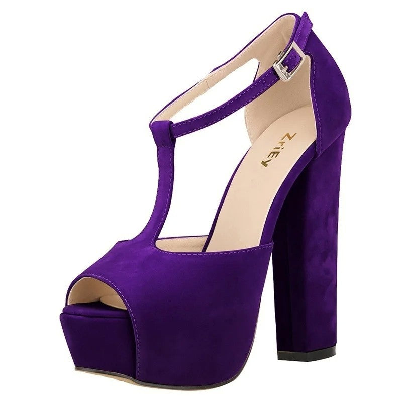 Sandálias femininas verão 2025 — salto alto grosso de 14 cm, modelo peep toe, com plataforma, fivela ajustável e estilo sexy. Ideal para festas, vestidos elegantes e casamentos.