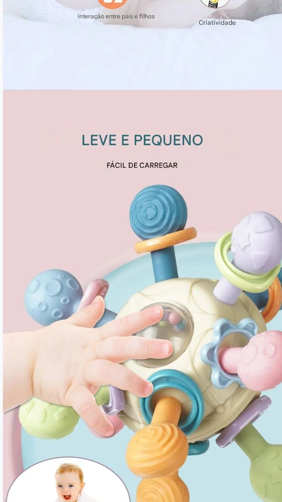 Brinquedo sensorial para bebês 0–12 meses – bola giratória, chocalho, mordedor de silicone e atividade de desenvolvimento.