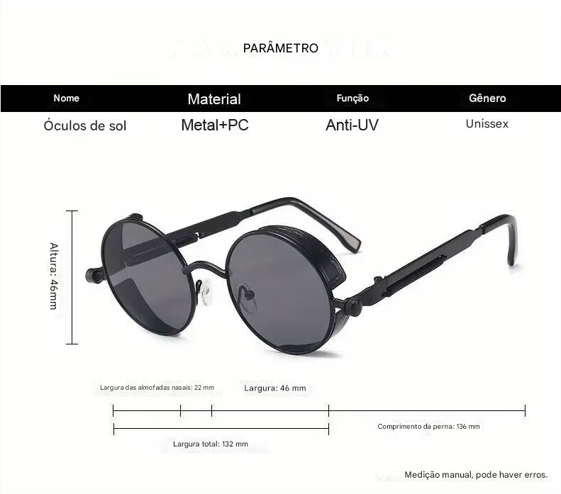 Óculos de sol Steampunk clássicos unissex. Óculos de sol retrô redondos com armação de metal.