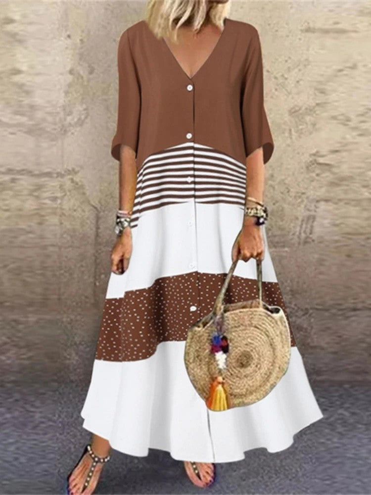 Vestido primavera – elegante, colorido, decote em V, manga 7/4, estilo casual para férias, com estampa exclusiva!