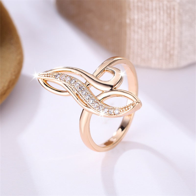 Anel Infinito Exclusivo para Mulheres, com Design de Folhas Geométricas de Árvore, Aliança de Casamento em Champanhe Dourado com Zircônia Branca – Anel de Coquetel Ideal para Festas.