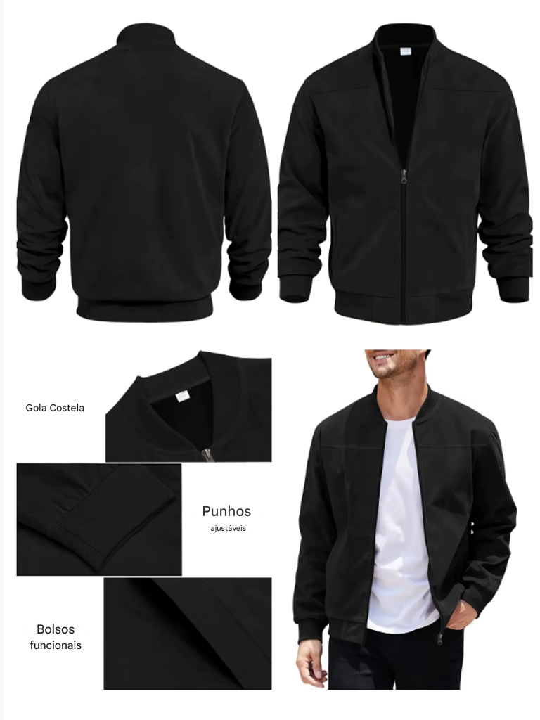 Jaqueta casual masculina em tecido de veludo pesado, com gola redonda e fechamento em zíper.