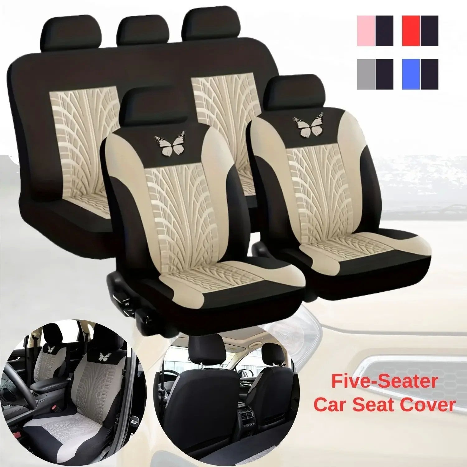 Conjunto Universal de Capas para Banco de Carro 9 Peças – Bordado Borboleta Vermelha, Estilo Elegante e Proteção Completa para Todas as Estações