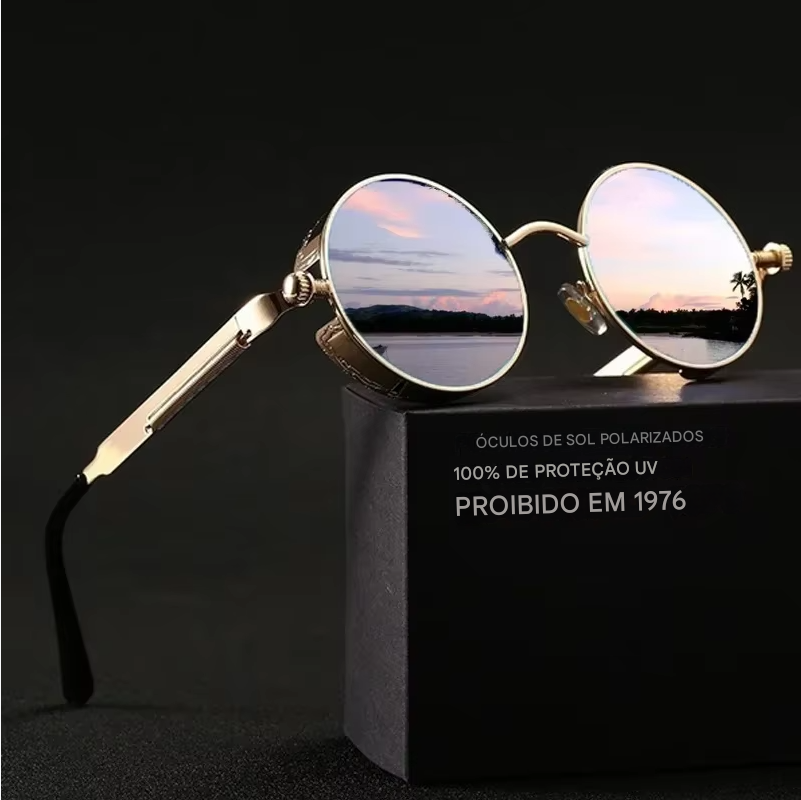 Óculos de sol Steampunk clássicos unissex. Óculos de sol retrô redondos com armação de metal.